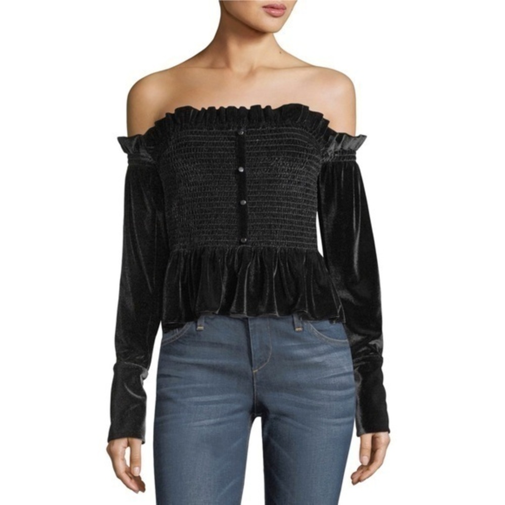 Petersyn Black Velvet Off the Shoulder Long Sleeve Crop Top